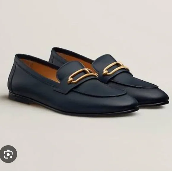 Hermes Colette Navy Blue Loafers with Gold Accent - Picture 1 of 11